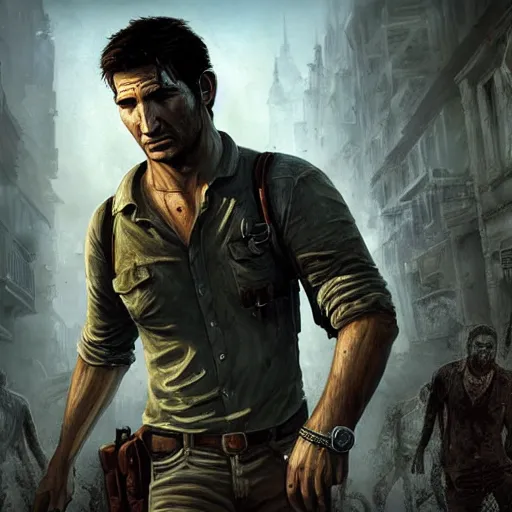 Image similar to nathan drake in a street full of zombies, artstation hall of fame gallery, editors choice, #1 digital painting of all time, most beautiful image ever created, emotionally evocative, greatest art ever made, lifetime achievement magnum opus masterpiece, the most amazing breathtaking image with the deepest message ever painted, a thing of beauty beyond imagination or words