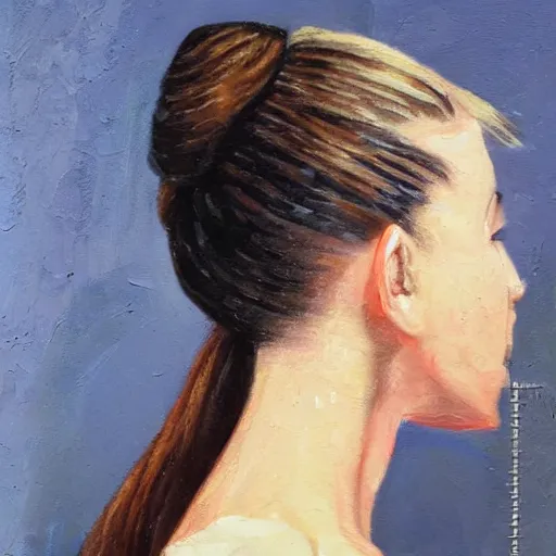 Prompt: a 19 years old girl figure in style of Wojciech Siudmak, half ponytail hairstyle, oriental tattoos, with few ultramarine accents, 80 mm lens, oil on canvas