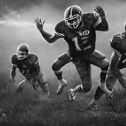 Prompt: a dark fantasy illustration of an NFL game