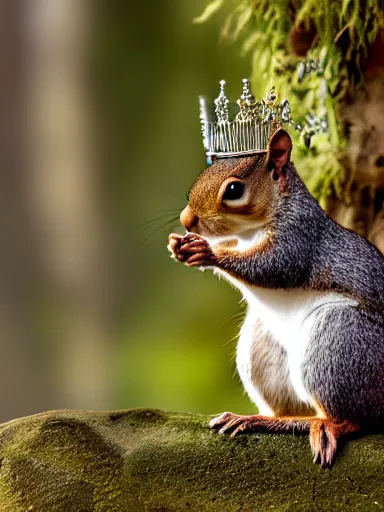 Image similar to a squirrel as king arthur, extremely plump, wearing crown of acorns and dandelions, servant squirrels, king arthur's court, game of thrones, sitting on throne, extreme wide shot, low angle, crown, crown, crown, palace, fantasy art, cinematic lighting, realistic, sony 2 4 mm f 8. 0