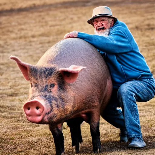 Image similar to portrait of an elderly man riding a pig, canon eos r 3, f / 1. 4, iso 2 0 0, 1 / 1 6 0 s, 8 k, raw, unedited, symmetrical balance, wide angle