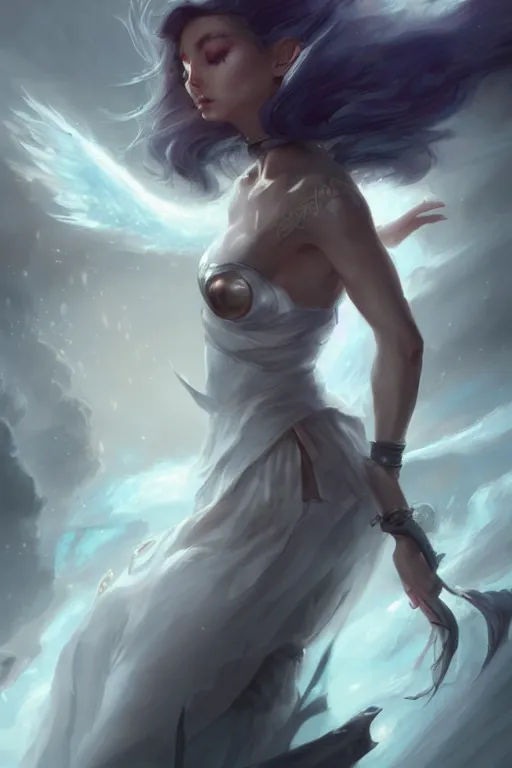 Prompt: half body closeup beautiful girl warrior in white dress, casting magic spell, angel, magic storm and thunder clouds, fantasy, magic the gathering, hyper detailed, 3 d render, hyper realistic detailed portrait, peter mohrbacher