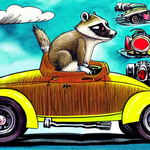 Image similar to racoon riding in a tiny hot rod coupe with oversized engine, ratfink style by ed roth, centered award winning watercolor pen illustration, by fine art america, edited by range murata