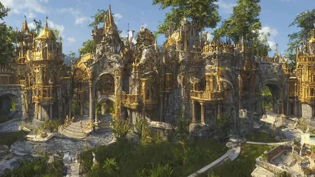 Image similar to entrance of a fabulous marble and gold castle in the sun, surrouoded with mystical gardens, magic clear water, james gurney, unreal engine, artstation