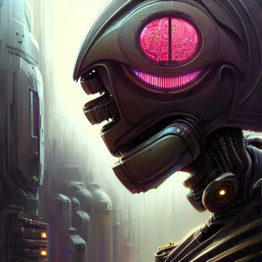 Image similar to low angle shot of a cyberpunk gazmask robot character, intricate, elegant, highly detailed, centered, digital painting, artstation, concept art, smooth, sharp focus, illustration, artgerm, Tomasz Alen Kopera, Peter Mohrbacher, donato giancola, Joseph Christian Leyendecker, WLOP, Boris Vallejo