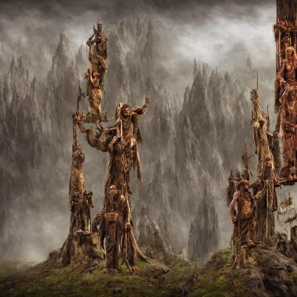 Prompt: evil druids performing a ritual around a wooden totem of man, on a hill, a detailed matte painting, fantasy, foggy