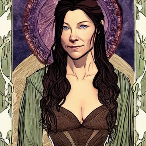 Image similar to evangeline lilly as tauriel, mucha style,