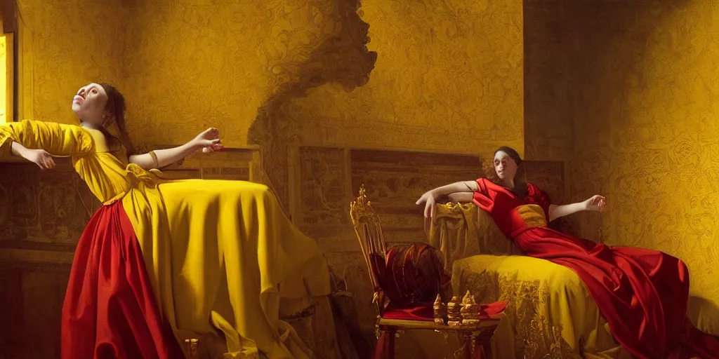 Prompt: beautiful oil matte painting, red drapers, golden sheets, mustard yellow textile, wonderful masterpiece highly detailed, beautiful cinematic light deep focus, elegant, digital painting, smooth, sharp focus, golden ratio, dramatic illumination, ultra realistic, 8 k, art by artemisia lomi gentileschi and caravaggio