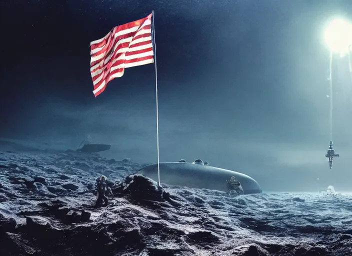 Image similar to astronaut holding a flag in an underwater desert. a submarine is visible in the distance. dark, concept art, cinematic, dramatic, atmospheric, 8 k, trending on artstation, blue, fish, low visibility, fog, ocean floor, christopher nolan, interstellar