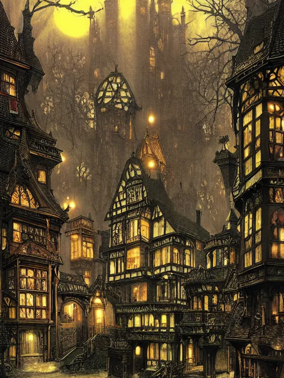 Prompt: Underground gothic victorian houses in a spooky underground cave metropolis victorian houses By thomas rowlandson, victo ngai, tatsuyuki tanaka, john atkinson grimshaw fantasy, worldbuilding, art nouveau, realistic, detailed 4k arstation