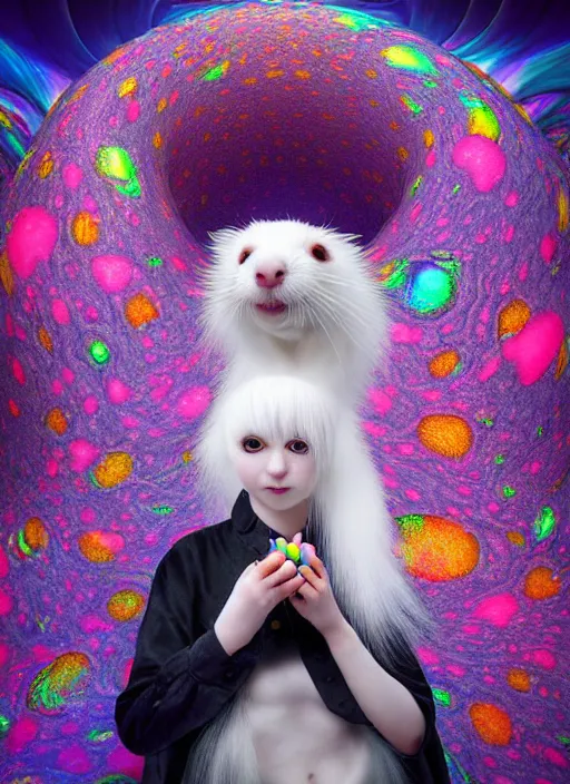 Image similar to hyper detailed 3d render like a Oil painting - kawaii portrait Aurora (white haired Singer Ferret) seen Eating of the Strangling network of yellowcake aerochrome and milky Fruit and Her delicate Hands hold of gossamer polyp blossoms bring iridescent fungal flowers whose spores black the foolish stars by Jacek Yerka, Mariusz Lewandowski, Houdini algorithmic generative render, Abstract brush strokes, Masterpiece, Edward Hopper and James Gilleard, Zdzislaw Beksinski, Mark Ryden, Wolfgang Lettl, hints of Yayoi Kasuma, octane render, 8k