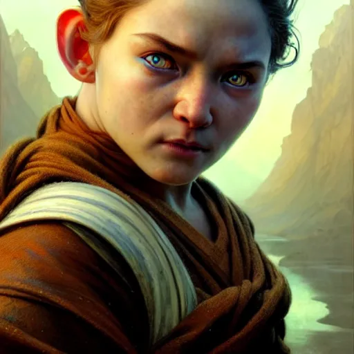 Image similar to portrait painting of a halfling monk girl with heavy scars and gorgeous blue eyes, ultra realistic, concept art, intricate details, eerie, highly detailed, photorealistic, octane render, 8 k, unreal engine. art by artgerm and greg rutkowski and charlie bowater and magali villeneuve and alphonse mucha