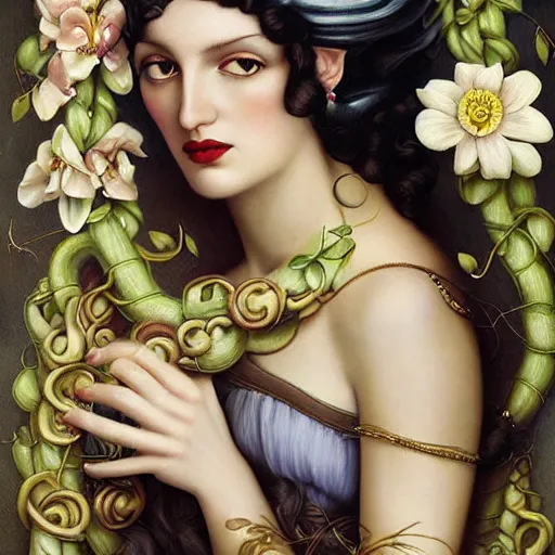 Image similar to dynamic composition, blonde woman with hair of spring flowers and vines wearing ornate earrings, ornate gilded details, pastel colors, a surrealist painting by tom bagshaw and jacek yerga and tamara de lempicka and jesse king, wiccan, pre - raphaelite, featured on cgsociety, pop surrealism, surrealist, dramatic lighting