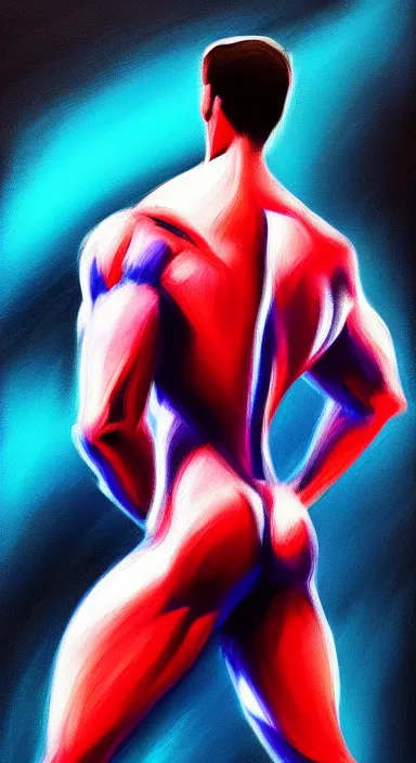 Image similar to very dark background, a thin, athletic physique man's body made of bright colored thick flowing dramatic brush strokes, no face, strong wind, matte colors, impressionist, extreme motion, trending on artstation