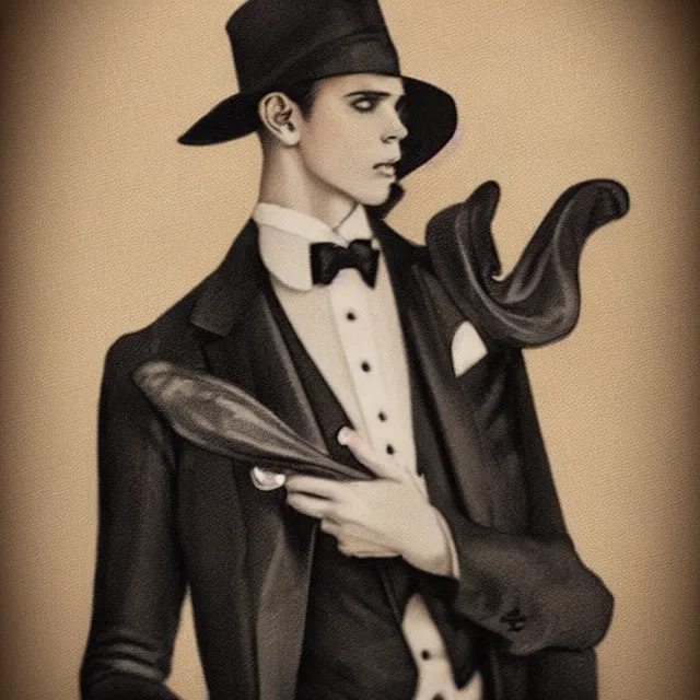 Prompt: ultrarealistic sepia portrait of a 1 9 2 0 s era male magician, well dressed, slicked - back hair, long - tailed tuxedo coat, black bow tie, atmospheric lighting, dark, brooding, painted, intricate, ultra detailed, well composed, best on artstation, cgsociety, epic, stunning, gorgeous, intricate detail, much wow, masterpiece