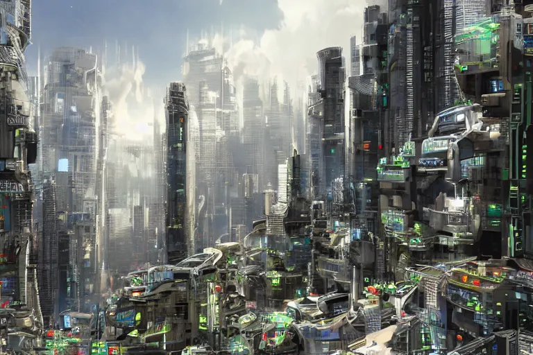 Image similar to A futuristic cyber-city as viewed from street level.