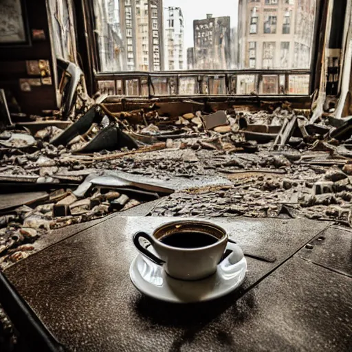 Image similar to A cup of coffee in a destroyed cafe reflecting the destroyed surroundings after a nuclear breakout, intense aura, 8k photography, intricate, smooth, sharp focus, close shot, perfect reflections