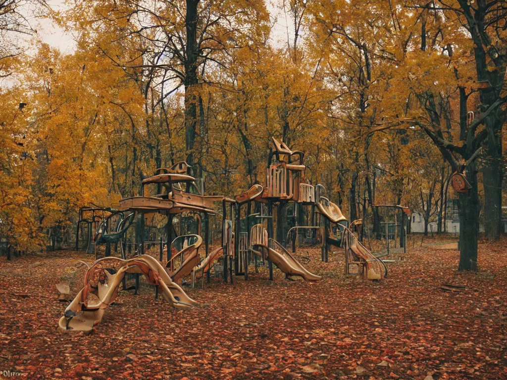 Image similar to a lomographic photo of abandoned playground of moscow, autumn, cinestill, bokeh