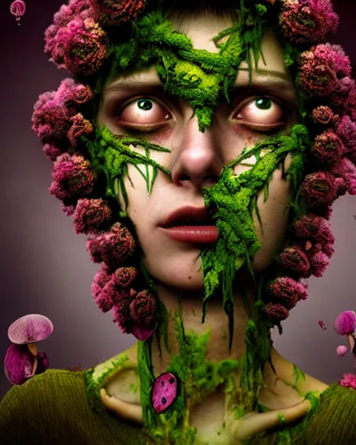 Image similar to a disturbing digital horror arthouse photograph of a beautiful crying woman with flowers moss and fungus growing out of her head and petals dripping from her eyes, intricate, sharp focus, cinematography, highly detailed, octane render, digital horror artwork, matte, photography by professional photographer