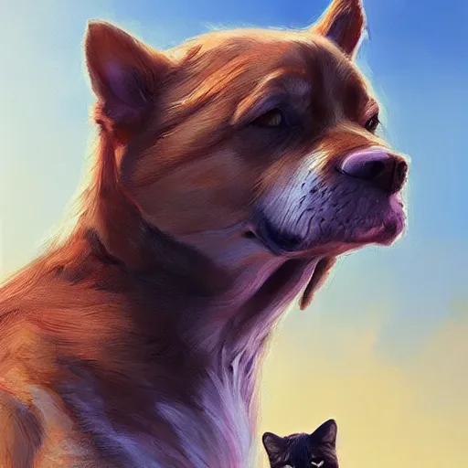 Image similar to A dog and cat stare intently towards the sky, digital art, artstation, Mandy Jurgens, CGSociety, WLOP