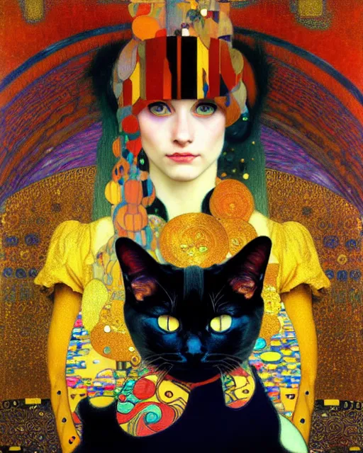 Image similar to magician cat portrait an oil painting splashes with many colors and shapes by gustav klimt greg rutkowski and alphonse mucha, polycount, generative art, psychedelic, fractalism, glitch art