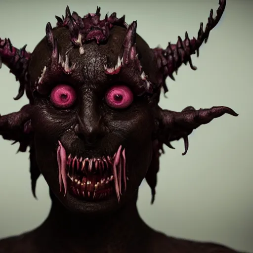 Prompt: a demon inspired by worms created by the make up artist hungry, photographed by andrew thomas huang, cinematic, expensive visual effects