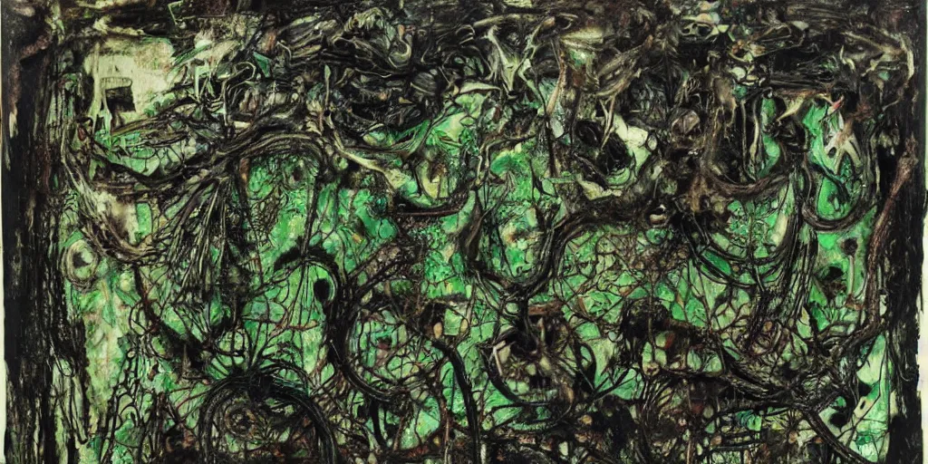 Image similar to a black and green biomechanical talisman of suffering, rotting, fungus, wings by maggi mcdonald, jackson pollock, mark rothko, sabina klein