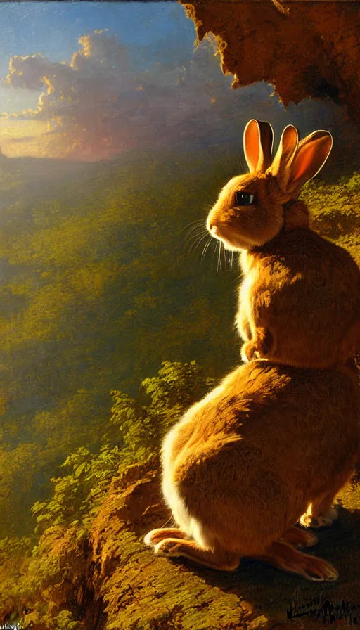 Image similar to hyper realistic rabbit looking off of a cliff, sun setting behind rabbit, lush forest in valley below, painted by james gurney, gaston bussiere, craig mullins, j. c. leyendecker 8 k