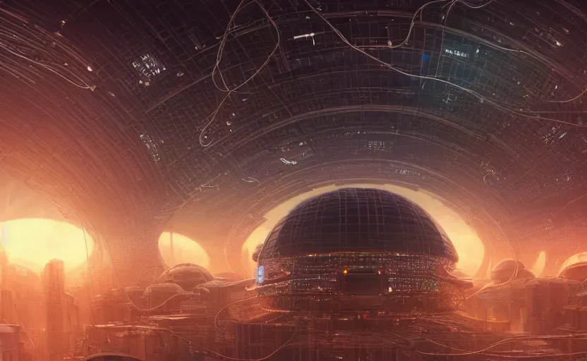 Prompt: highly detailed digital matte painting of an intricate futuristic cybernetic dome with thousands of connecting wires on a massive space station at dusk, by peter mohrbacher and yuuki morita and ruan jia and dan mumford, postcyberpunk, hyperdetailed, wide shot, volumetric lighting, swirling accents, octane render, smooth, 8 k