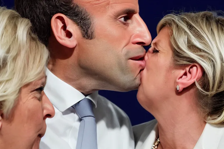 Image similar to Emmanuel Macron kissing Marine Lepen on the mouth , photojournalism photography, white background