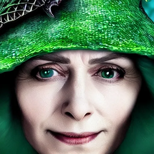 Image similar to the wicked witch of the game of thrones, green skin, witch hat, dragons