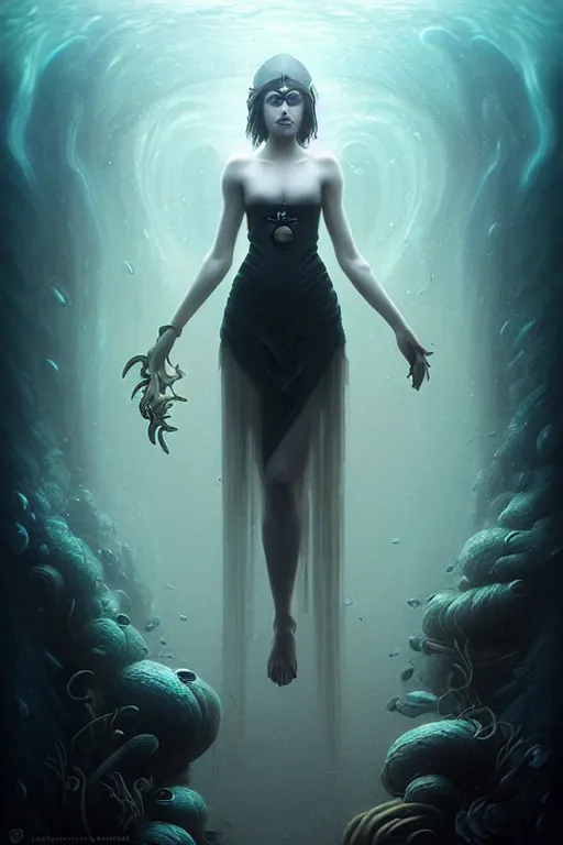 Prompt: a goddess of darkness!! standing in a windy underwater garden! with a beautiful symmetrical face!!! cinematic lightning, murky dusty deep, smoky eyes, isolated, studio lighting by artgerm yuri shwedoff and tom bagshaw