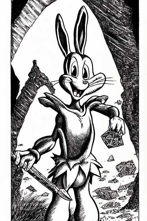 Image similar to bugs bunny as a d & d monster, full body, pen - and - ink illustration, etching, by russ nicholson, david a trampier, larry elmore, 1 9 8 1, hq scan, intricate details, stylized border