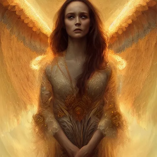 Image similar to majestic gracious regal radiating female winged angel portrait, atmospheric lighting, painted, ethereal, intricate, volumetric lighting, beautiful, rich deep colours masterpiece, golden hour, sharp focus, ultra detailed, by leesha hannigan, ross tran, thierry doizon, kai carpenter, ignacio fernandez rios