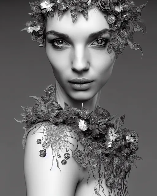 Image similar to mythical dreamy black and white profile face portrait of translucent beautiful female angelic - human - queen - vegetal - cyborg, highly detailed, intricate crystal ivy jelly ornate, poetic, translucent roses ornate, 3 d render, digital art, octane render, 8 k artistic photography, photo - realistic, by dora maar