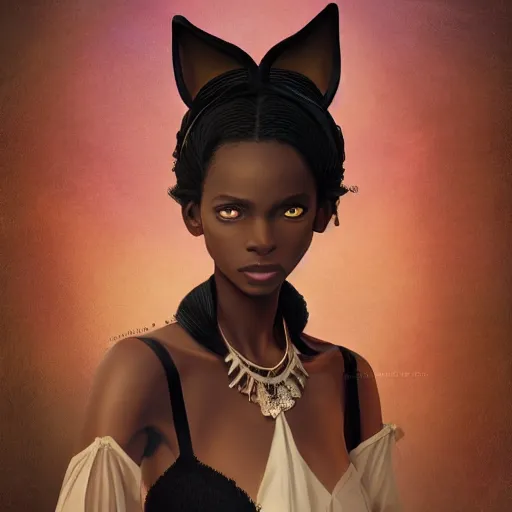 Image similar to a stunning portrait of a black - skinned witch with cat ears wearing an ornate flower dress, beautiful flower dress, by makoto shinkai, wlop, mars ravelo, summer vibes, very coherent symmetrical artwork, perfect face, studio lighting, smooth, sharp focus, 4 k, masterpiece, trending on artstation