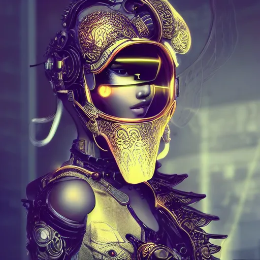 Image similar to concept art of asian female supermodel with robotic mask. steampunk vr googles. futuristic tokyo. anime and manga. comic style. artstation concept art, matte painting. ambient and neonoir mood. intricate details and golden filigree with dragon scales. cinematic light and volumetric fog