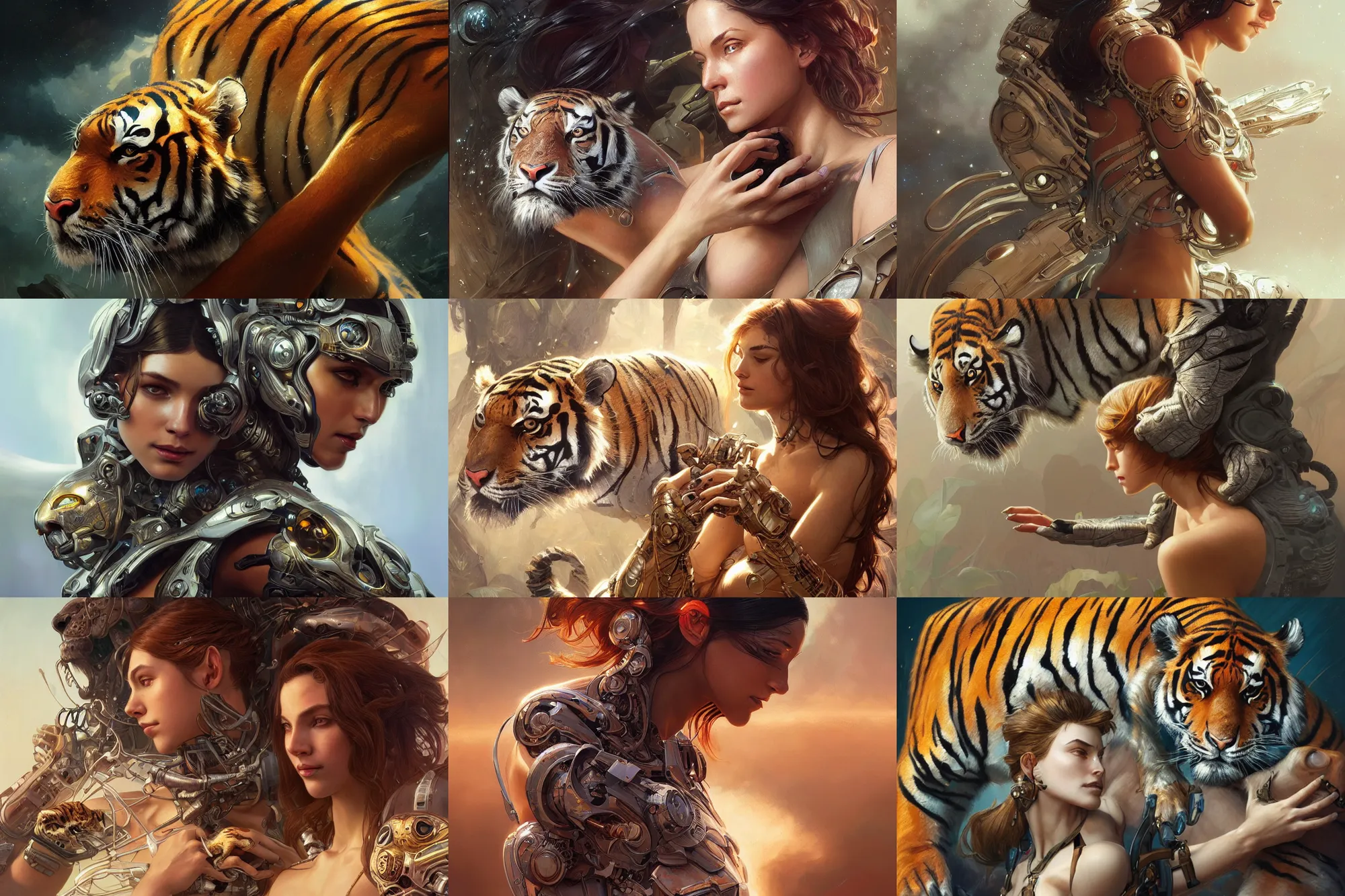Prompt: Ultra realistic,cyborg woman caressing tiger + beautiful face, sci-fi, fantasy, intricate, elegant, highly detailed, digital painting, artstation, concept art, smooth, sharp focus, illustration, art by artgerm and greg rutkowski and alphonse mucha