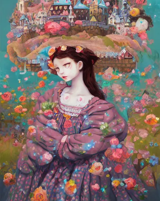 Prompt: a painting of a girl with a castle in her hands, poster art by Hikari Shimoda, featured on pixiv, pop surrealism, whimsical, rococo, maximalist