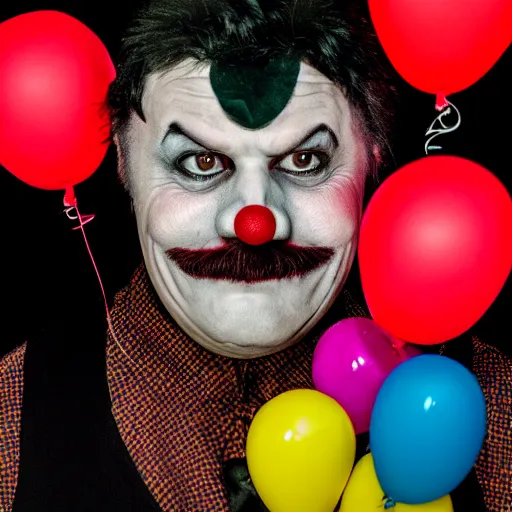 Image similar to a vintage studio portrait of a sad clown with balloons behind him, black background, chiaroscuro lighting, close up portrait, shallow depth of field, 8 0 mm, f 1. 8