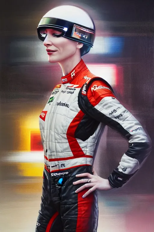 Image similar to portrait of cate blanchett dressed as a formula one racer, wearing formula one racer uniform, at formula one racing car repair room, ssci-fi, fantasy, intricate, very very beautiful, elegant, human anatomy, neon light, highly detailed, digital painting, artstation, concept art, soft light, smooth, sharp focus, illustration, art by tian zi and WLOP and alphonse mucha