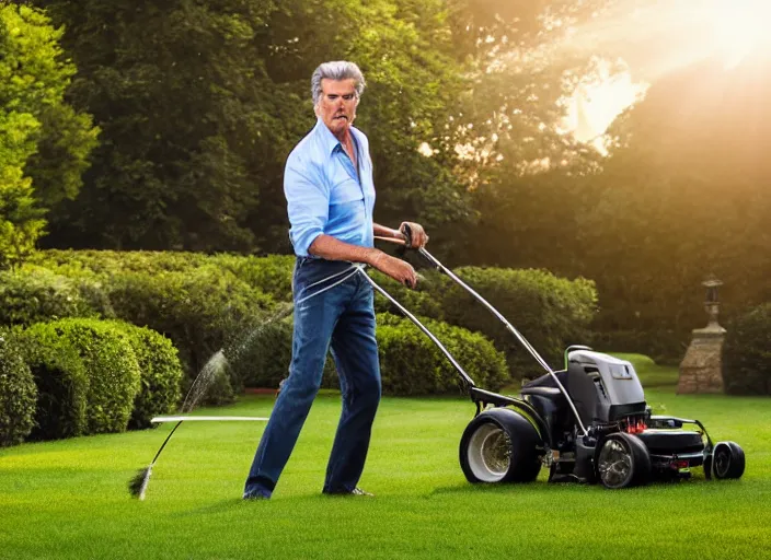 Image similar to pierce brosnan mowing the lawn, 8 k, 8 5 mm f 1. 8, studio lighting, rim light, right side key light