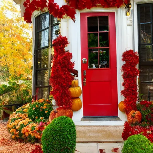 Prompt: a red house decorated for rosh hashanah, cozy, festive, spiral motif, creative fall decorations