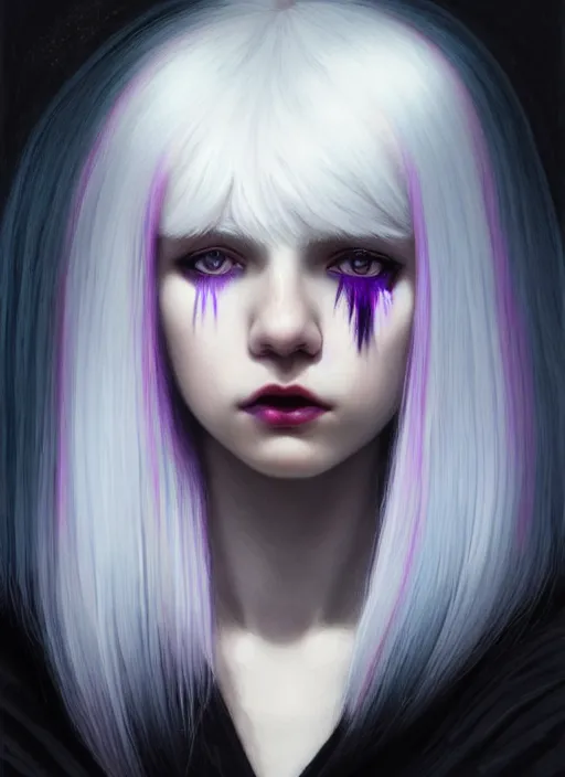 Image similar to hair blackbangs hair, white hair, blackbangs, portrait of teenage girl with white hair, red irises, purple clothes, black bangs, bangs are different color from hair, intricate, elegant, glowing lights, highly detailed, digital painting, artstation, concept art, smooth, sharp focus, illustration, art by wlop, mars ravelo and greg rutkowski