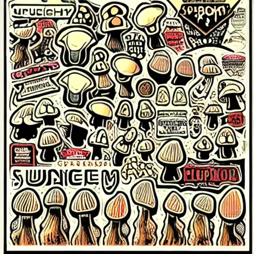 Prompt: Spencers Shroomery sticker. Mushroom theme, 1970s style, by Aaron Draplin