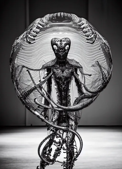 Prompt: walking down the catwalk, mert alas and marcus piggott, show, stage, vogue photo, podium, fashion show photo, historical baroque dress, iris van herpen, beautiful woman, full body shot, masterpiece, inflateble shapes, alien, predator, guyver, jellyfish, white biomechanical details, highly detailed