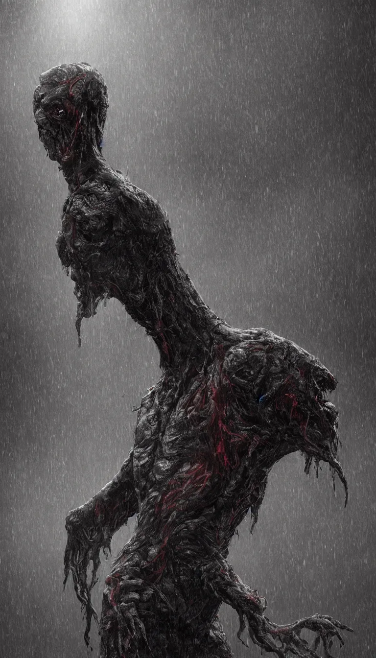 Prompt: digital artwork of A Fleshy-Carrion monster standing in the rain solemnly, contemplating life and thereafter, by Max Hay, dark-esque, dark lighting, trending on artstation, 8k resolution, photorealistic resolution, photorealistic details, very detailed intricate details