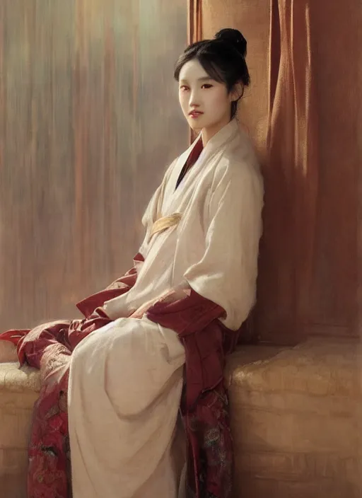 Prompt: detailed portrait of ju jingyi wearing hanfu, natural light, painting by gaston bussiere, craig mullins, j. c. leyendecker