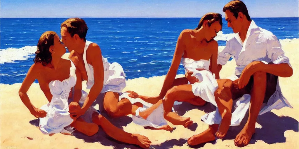 Image similar to a couple and a baby on a beach in sardinia, white sand, blue sky, summer, painting by jack vettriano