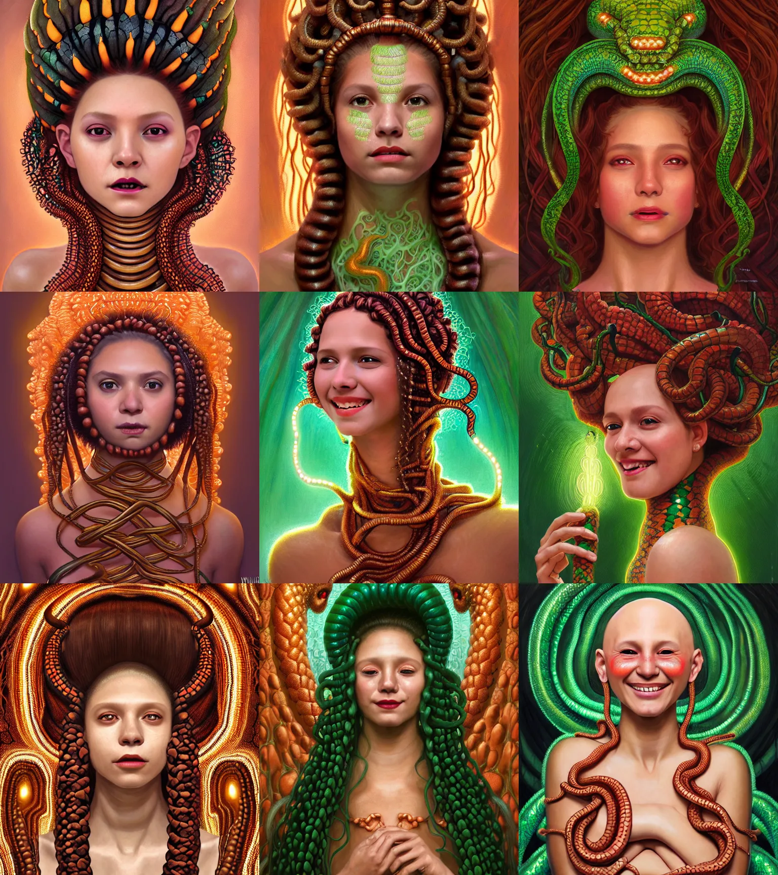 Prompt: portrait of alopecia hispanic teen medusa, smiling suggestively, coral snakes grow from her head, wearing snake skin gown, cave background, intricate, elegant, copper and emerald jewelry, glowing lights, highly detailed, digital painting, artstation, concept art, smooth, sharp focus, illustration, art by wlop, mucha, artgerm, and greg rutkowski